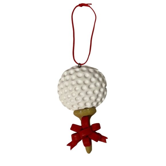 Golf Ball Christmas Ornament With Red Bow & Tee Design 3.25" - Picture 1 of 3